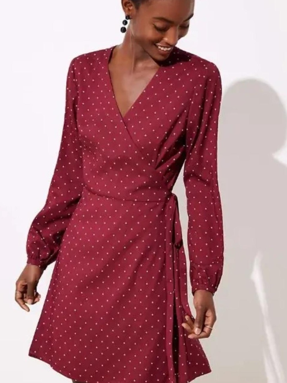 Loft Burgundy White Star Print Long Sleeve Wrap Dress